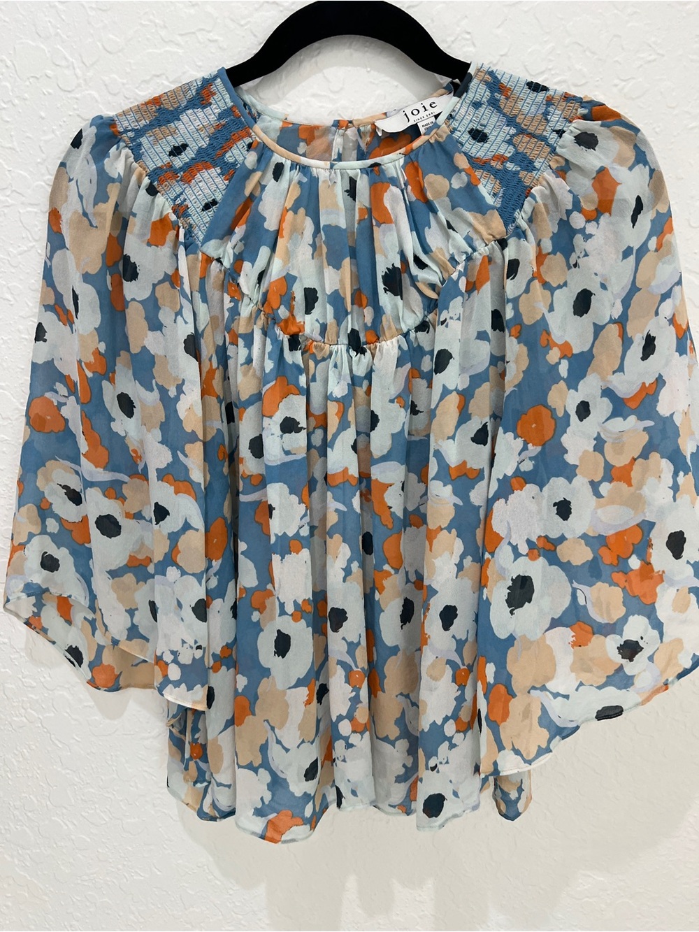 Joie Blue Floral Smocked Yoke Blouse